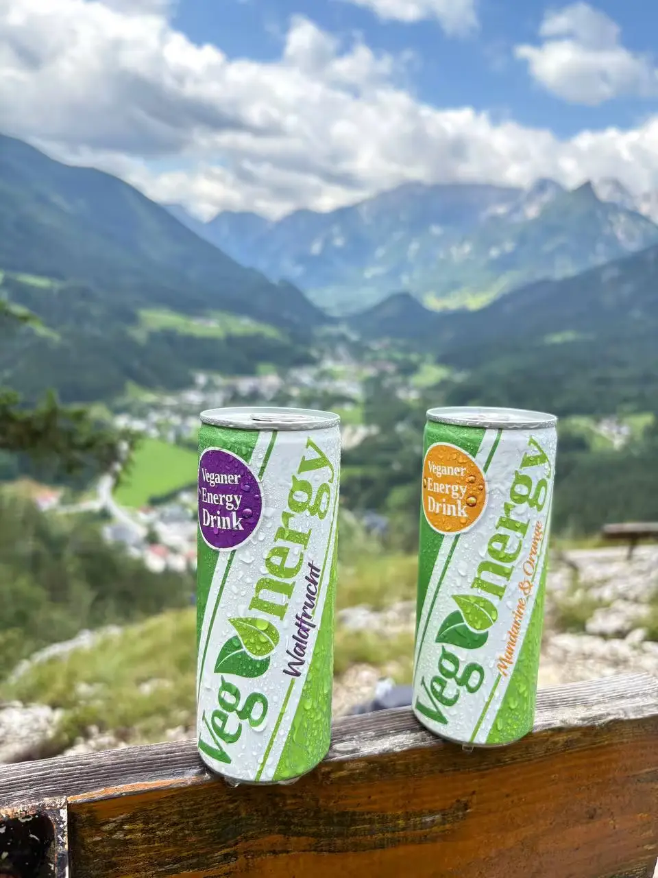Zwei Vegenergy-Dosen stehen auf einer Holzbank, im Hintergrund sind Berge und ein kleines Dorf zu sehen.